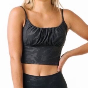 Zyia Gray Battleship Camouflage Luxe Rouched Crop Top